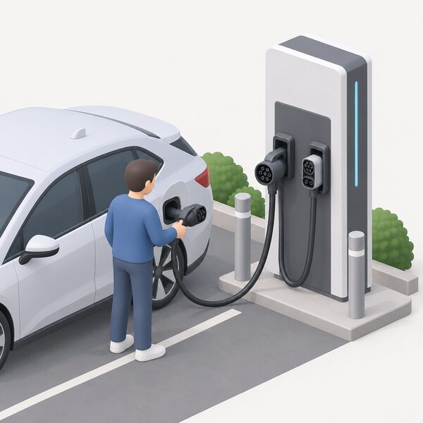A public rapid charging unit outdoors with two tethered cables side by side, one CHAdeMO and one CCS, each hanging on its own holster, with a simplified isometric figure of a driver holding the CHAdeMO connector toward a parked electric car.