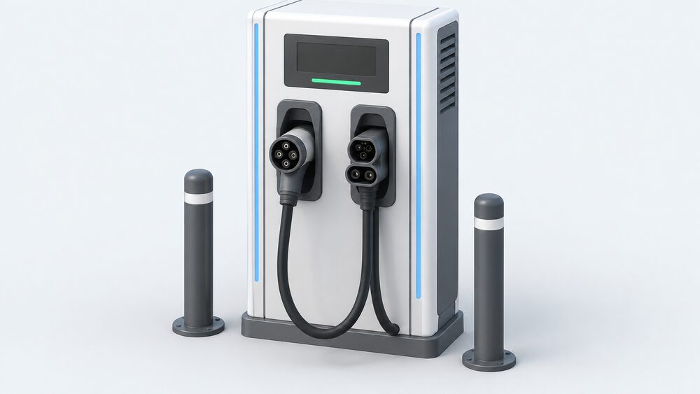 A close-up of a public rapid charging unit with a tethered round CHAdeMO plug with four pins hanging centrally on its cable, beside a two-part oval CCS connector, both plugged into their holsters on the charger's front panel.