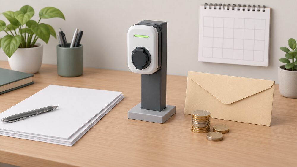 A small model of an electric vehicle chargepoint socket on a post stands beside blank application paperwork, a voucher envelope and a small stack of coins on an office desk, with a wall calendar behind.