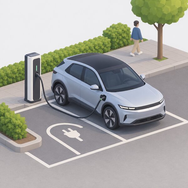 A single public electric vehicle chargepoint standing on a paved bay at a UK charging location, with a parked electric car plugged into it by a charging cable, drawn as a simple outdoor street scene.