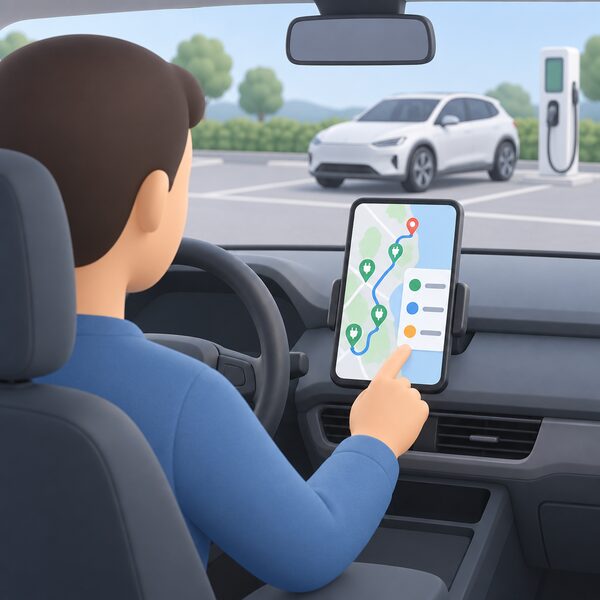 A driver seated in the driving seat of a parked car holds a phone on a dashboard mount showing a route planning map with plain colour-coded charger markers along a highlighted route line, with filter option blocks beside the map.