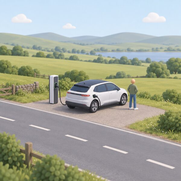 A single public EV chargepoint standing alone beside a quiet rural road, with an electric car plugged in and a simplified driver figure waiting nearby, set against open countryside with no other chargepoints in sight.