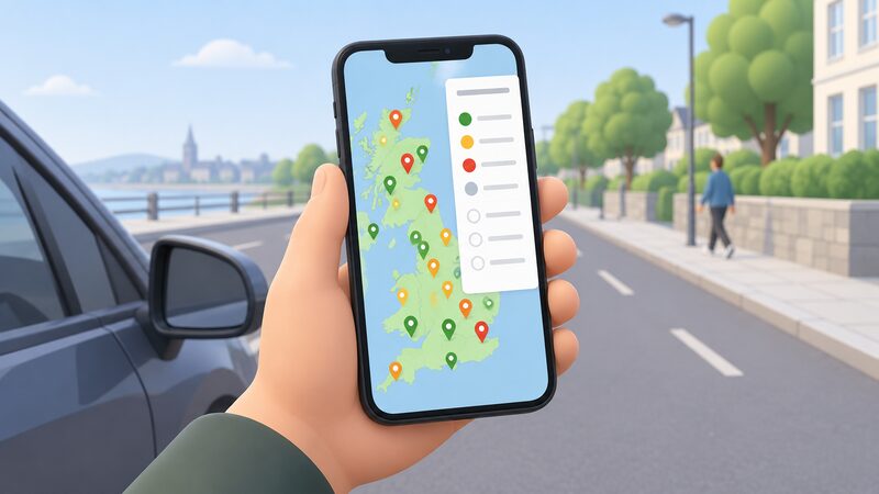 A hand holding a smartphone displaying a simplified UK map covered in coloured chargepoint pins, with a filter panel sliding open over the map showing plain colour bands and blank selection lines, held in a car or street setting.