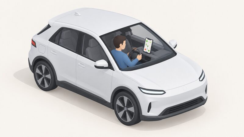 A simplified isometric driver sits in the driving seat of a parked electric car, looking at a smartphone mounted on the dashboard showing a map screen with plain colour-coded status dots, checking chargepoint availability before setting off.
