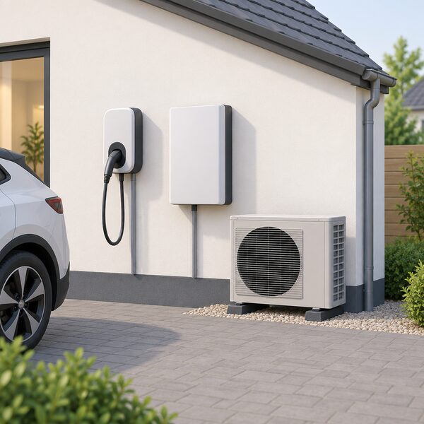 An exterior wall of a home with a wall-mounted EV charge point, beside it on the same wall a home battery unit, and a heat pump outdoor unit on the ground nearby, all shown as separate pieces of equipment that make up the home energy setup.