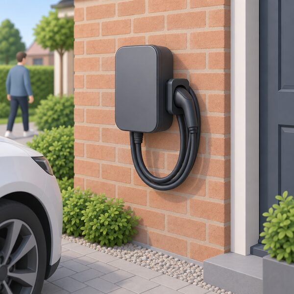 A single generic wall-mounted electric vehicle charger box fixed to the outside brick wall of a house, shown in a plain isometric view with its cable and plug holder, with no branding or identifying marks so it represents the product type both makers build.