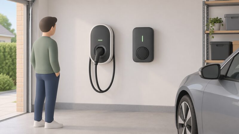 A simplified isometric garage wall with a myenergi zappi charger and a Hypervolt Home 3 Pro charger mounted side by side, each shown as a compact wall box with a charging cable or socket, with no branding text visible.