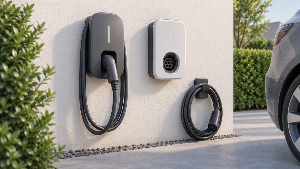 Two wall-mounted home EV chargers side by side on an outside wall beside a driveway, one with a tethered charging cable hanging in a holstered loop and one as an untethered unit showing only its Type 2 socket, with a plugged-in cable coiled nearby.