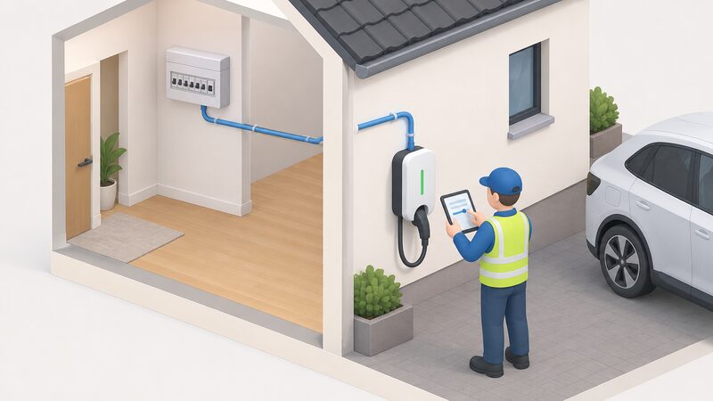 An installer standing beside a wall-mounted EV charge point on an outside wall, holding a tablet showing a plain setup screen, commissioning the unit that is wired by a dedicated circuit back to the consumer unit inside the house.
