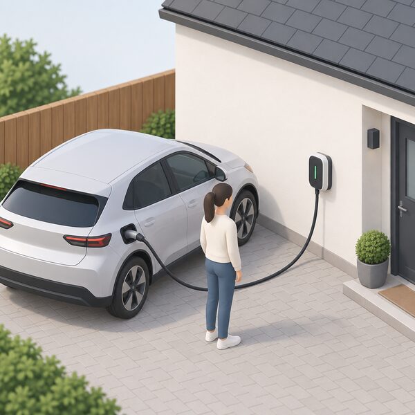 A small wall-mounted home EV charge point beside a parked electric car, with its cable running from the unit to a socket on the car, drawn as a simple exterior home scene.
