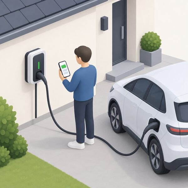 A simplified isometric figure stands beside a wall-mounted home EV charger on a house exterior wall, holding a smartphone whose screen shows a plain app interface with colour blocks, while a charging cable runs from the charger to a parked electric car.