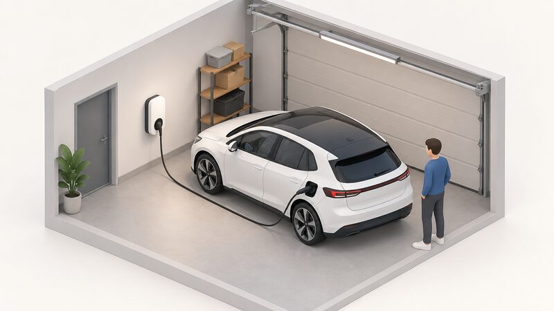 A small white wallbox charger mounted on an inside garage wall next to a parked electric car, with a cable running from the unit to the car's charging port, drawn as a simple isometric scene.