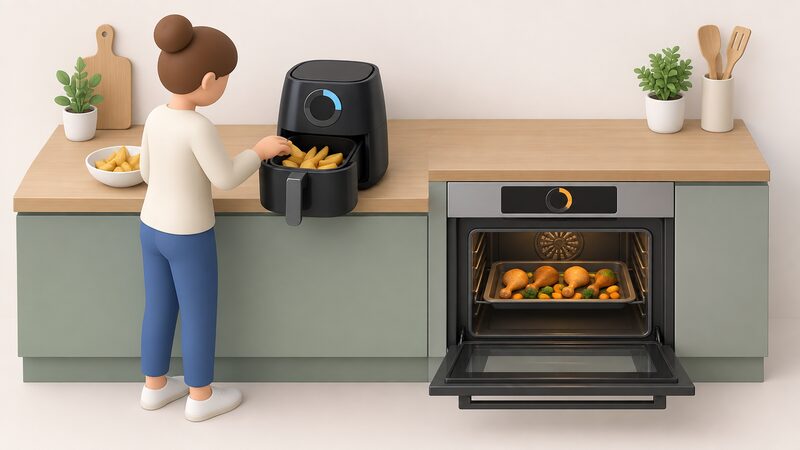 A kitchen worktop with a compact air fryer, its basket pulled out, beside a built-in fan oven with its door open, each with a simple timer dial or screen showing a plain time band, a simplified figure placing food in the basket.