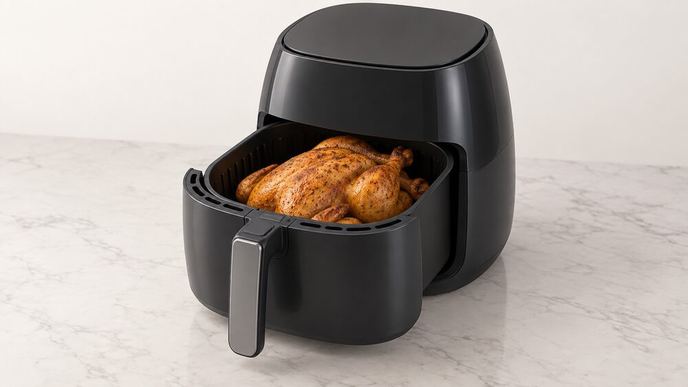A close-up of a single-drawer air fryer standing on a kitchen worktop with its pull-out basket open, holding a whole roasted chicken, with nothing else in the scene.