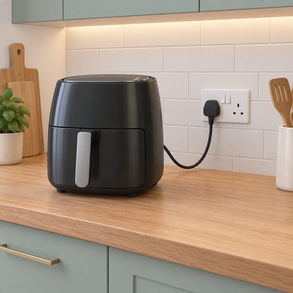 A kitchen worktop with an air fryer, its plug and cable running down to a standard UK wall socket on the splashback behind the worktop, with the plug pushed fully in and the cable hanging in a natural loop.