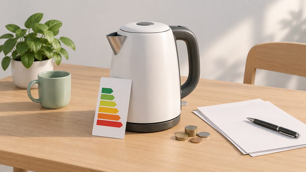A small white kitchen appliance, such as a kettle or washing machine, standing centrally on a table with a blank energy efficiency label card leaning against it, a few coins beside it and blank paperwork and a pen nearby, all lit by plain daylight.