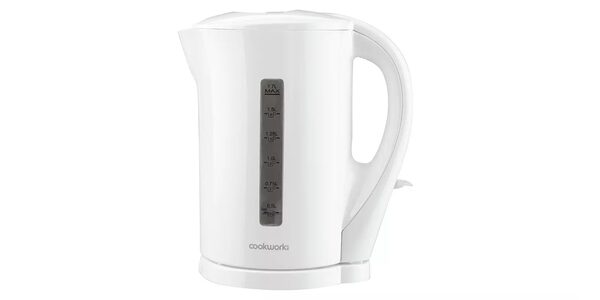 A white Cookworks electric kettle on a white background