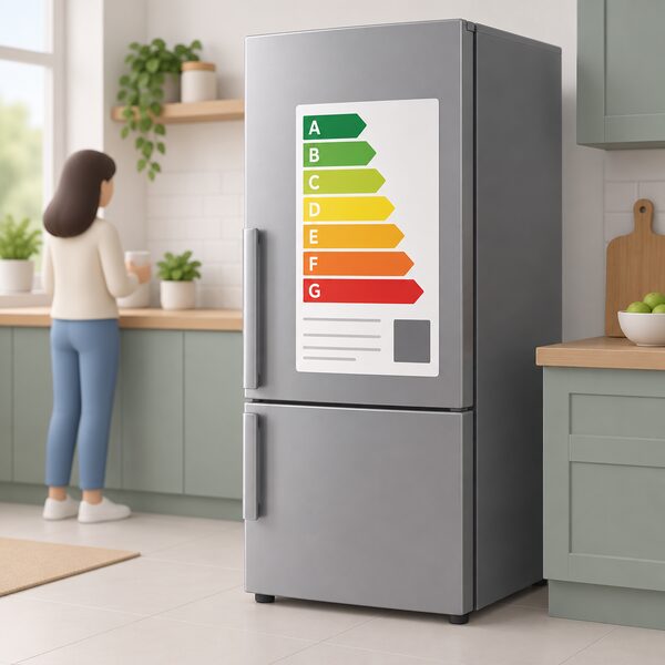 A close-up of a domestic appliance in a kitchen with a physical energy label stuck to its front, drawn as a plain colour-banded arrow scale from A at the top to G at the bottom with blank lines for product data and a QR code block, no readable words or numbers.