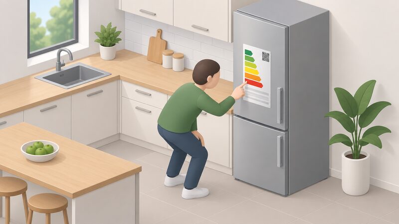 A householder standing in a kitchen crouches slightly to read the A to G energy label attached to the front of a fridge freezer, pointing at the label's colour-banded rating scale.