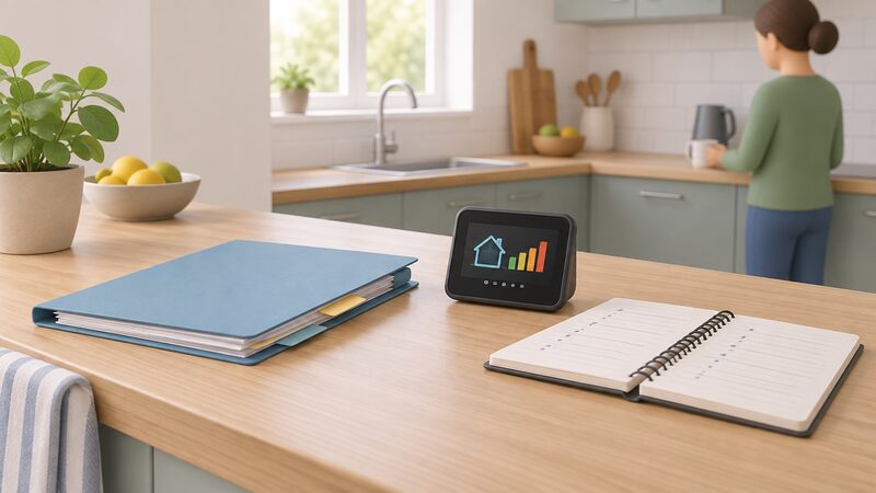 A kitchen worktop seen at a slight angle, with a smart meter in-home display standing beside a folder of paper energy bills and an open notebook of hand-written meter readings, arranged as the three inputs to a household energy baseline.
