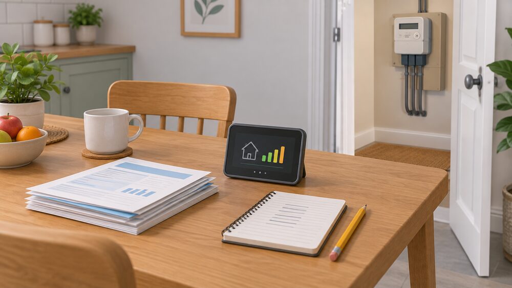 A kitchen table with a small portable in-home display standing upright, a stack of past energy bills, a notebook with a handwritten meter reading beside a pencil, and a wall-mounted electricity meter visible through a doorway in the background.
