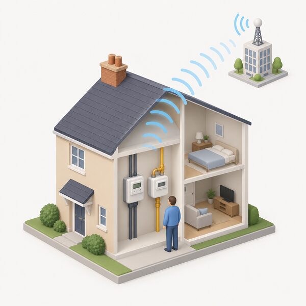 A simplified isometric view of a UK home meter point with a smart electricity meter and a smart gas meter fitted side by side, a small figure standing beside them, radio signal waves rising from the meters toward a distant supplier symbol, with no router or Wi-Fi hub anywhere in the scene.