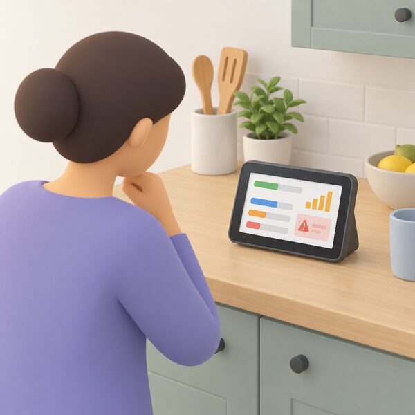 A hand-held in-home display on a kitchen worktop in prepay mode, its screen showing a credit balance, emergency credit, a debt balance and a low-credit warning as plain colour bands and blank bars, with a simplified figure glancing at it.