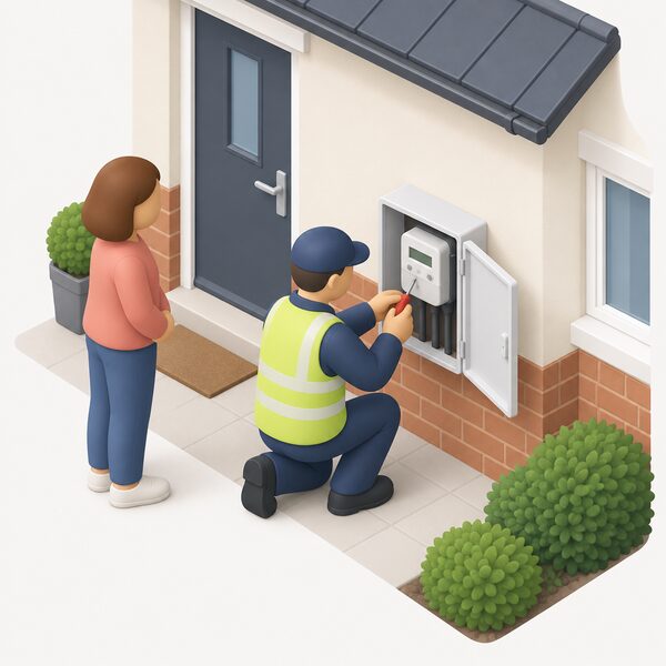 An installer in plain work clothing kneeling at an external meter box on a house wall, fitting a smart meter inside the open box with a small tool, while a simplified householder figure stands nearby watching the free installation visit.