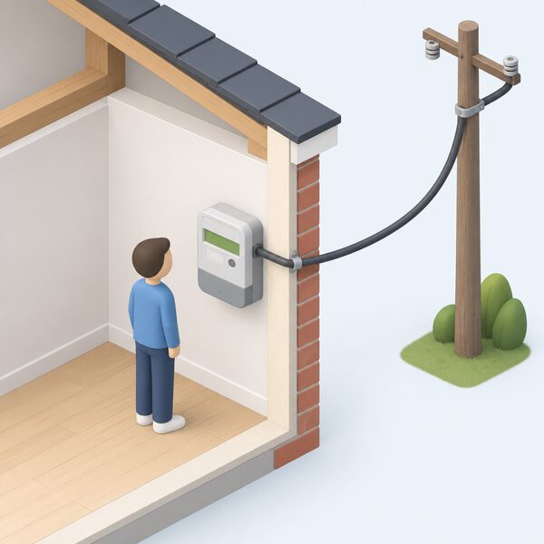 A simplified isometric cutaway of a house wall at the grid supply boundary, with the incoming service cable passing through a wall-mounted smart meter whose blank display shows a plain colour band for the whole-home total, a small figure standing beside it, and the cable continuing out to a simplified grid pole.