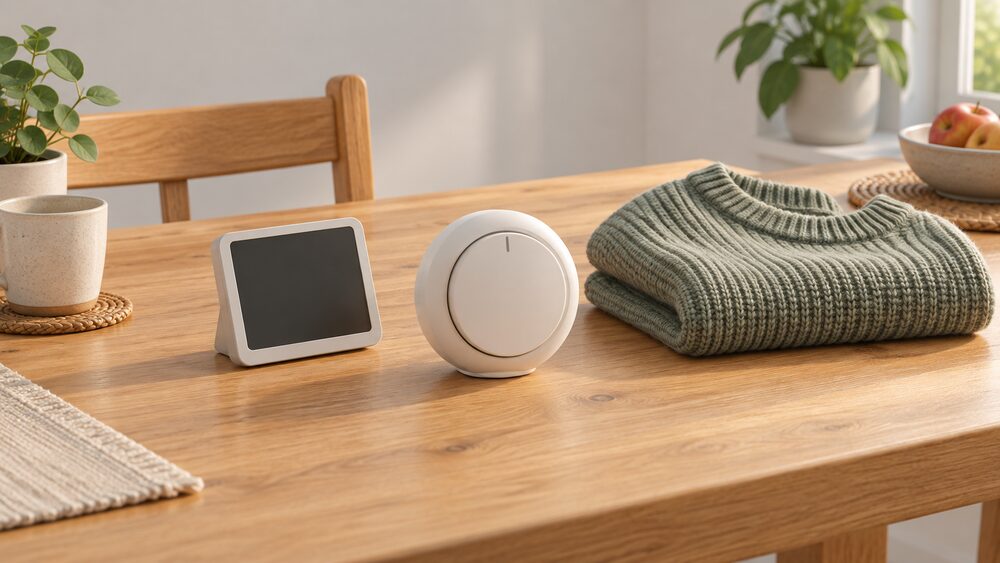 A small table arrangement showing a round room thermostat with a plain dial, a portable in-home display with a blank screen, and a folded woollen jumper beside them, all resting on a wooden kitchen table in soft daylight.