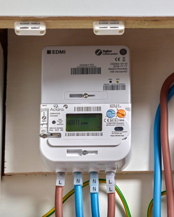 An EDMI AC1ara smart electricity meter installed on a wall with labelled wiring connections