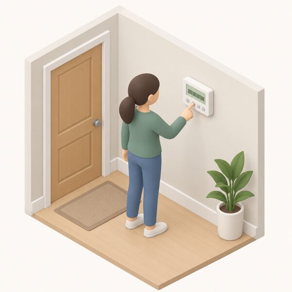 A wall-mounted heating programmer in a home hallway with a simplified isometric figure standing beside it, one hand reaching to press its buttons while adjusting the settings.