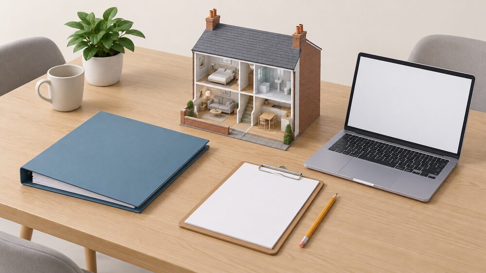 A kitchen table with a blank whole house plan folder and a laptop with a blank screen, beside a small cutaway model of a terraced house showing its rooms, with a clipboard and pencil resting nearby.