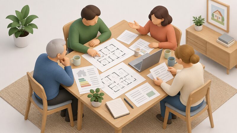 A small group of householders seated around a table studying printed floor plans and energy report sheets, with a laptop open among the papers, discussing a whole house retrofit plan together.