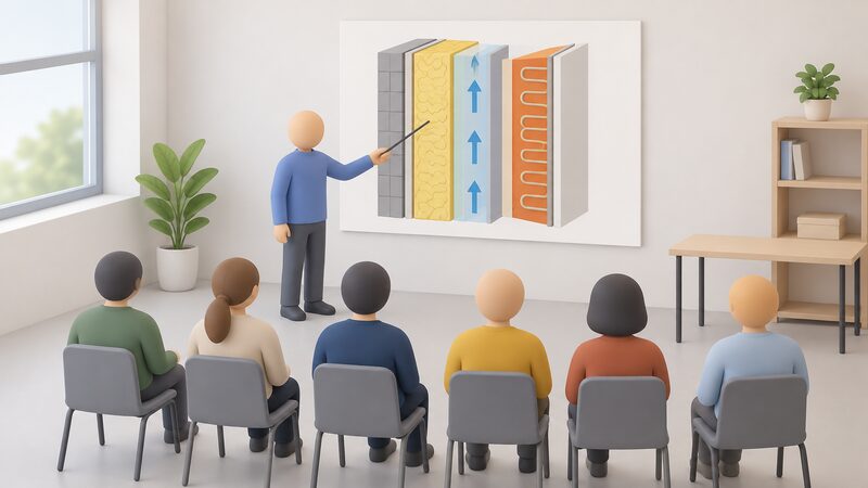A workshop room where a simplified presenter figure stands beside a large wall cross-section diagram on the wall, pointing at its layered bands of insulation, ventilation and heating, while seated attendees face the diagram.