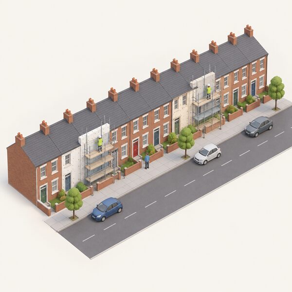 A quiet everyday UK street of a row of twelve adjoining terraced homes, drawn as a simple isometric scene, with a few homes mid-retrofit showing external wall insulation partly applied and scaffolding, while a small simplified householder figure stands at one front door observing the work.