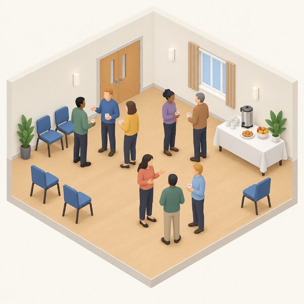 A small group of adult members chatting in a plain community hall, standing in loose clusters near simple chairs and a refreshments table, with one figure gesturing as if explaining something to another, conveying a member-run learning and networking event.