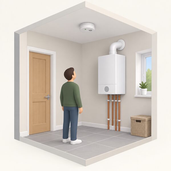 An audible carbon monoxide alarm mounted high on a wall or ceiling in a UK home, positioned in the same room as a gas boiler, shown as a simple round or square device with a small indicator light.