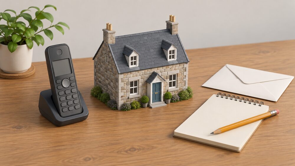 A small model of a stone Scottish house sits on a wooden table beside a cordless telephone, a blank notepad with a pencil and a plain envelope, suggesting a householder about to call a free energy advice line.