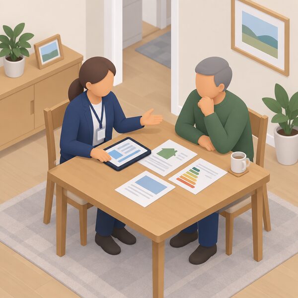 A home energy advisor sits at a table beside a householder in a home setting, talking through energy use with printed advice sheets and a tablet laid out between them, showing the free impartial advice service provided across Scotland.
