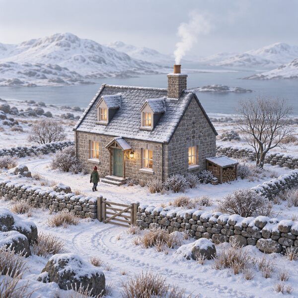 A small detached stone house in a remote rural Scottish setting on a cold winter day, with smoke drifting from its chimney, frost on the ground and bare hills behind, conveying a hard-to-heat rural home.