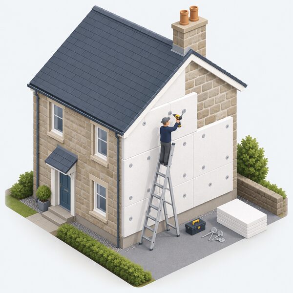 A TrustMark registered installer in plain work clothing fits external wall insulation boards to the outside wall of a Scottish house, working from a ladder with tools and fixings to hand, showing retrofit work carried out to a recognised specification.