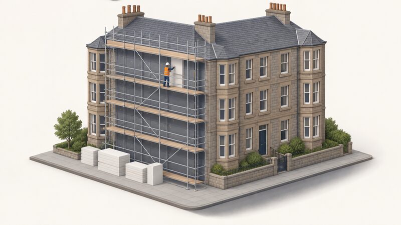 A stone-built Scottish tenement block of several storeys with scaffolding covering one elevation, insulation boards stacked on the pavement at ground level beside the scaffolding, and a tradesperson in plain clothing on the scaffold fixing an insulation board to the stone wall.