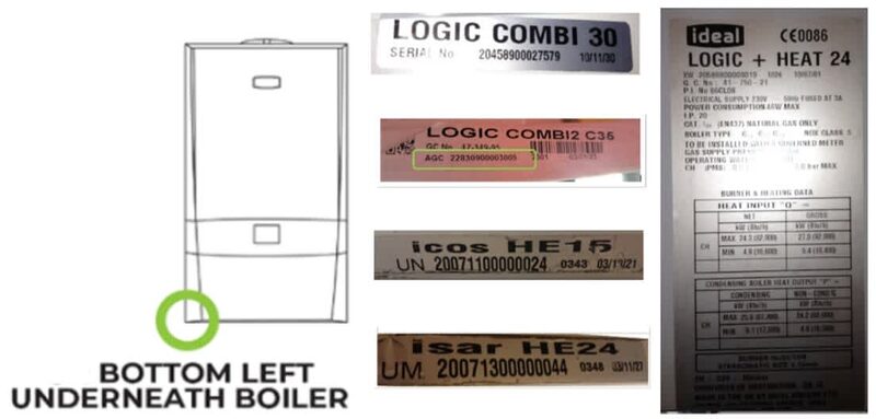 A diagram of an Ideal boiler showing where the serial number label is located, alongside photos of example Ideal Logic, icos and isar boiler data plates
