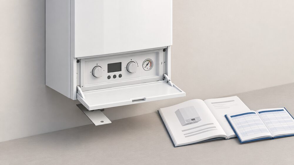 A close-up of a wall-hung gas boiler with its front drop-down panel lowered, a small serial number tag sliding out from underneath the appliance, and the installation manual with a Benchmark logbook lying open on a surface beside it.