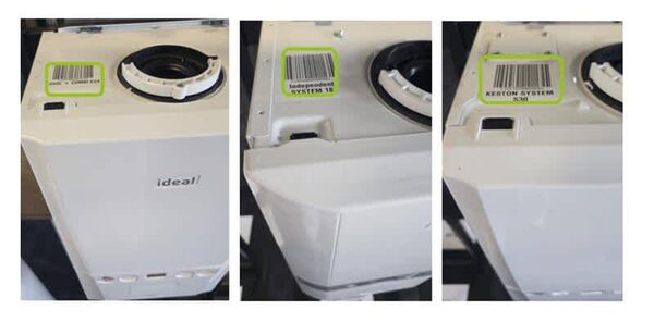 Three photos of the top of an Ideal boiler showing the barcode serial number labels circled in green