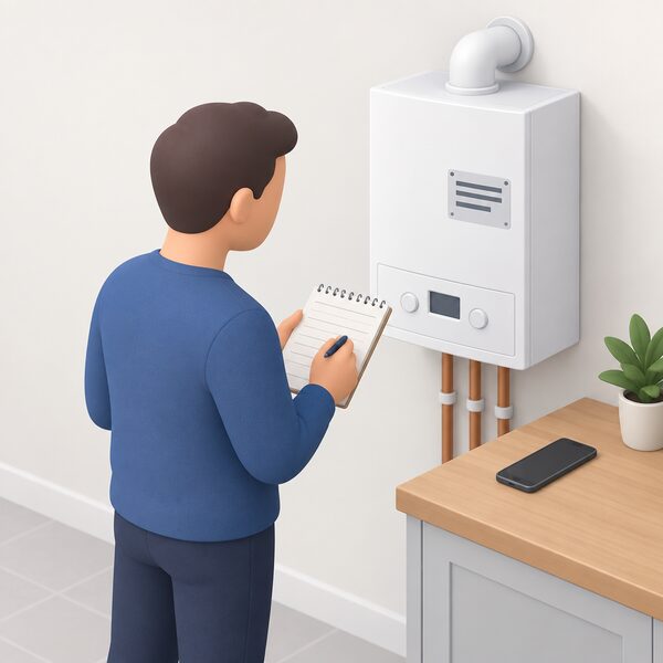 A householder standing beside a wall-mounted boiler, writing the make, model and serial number on a notepad, with the boiler's data plate visible on the appliance and a phone resting nearby ready to contact the manufacturer.