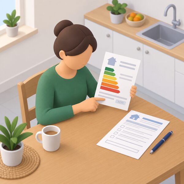 A homeowner at a kitchen table holding an energy performance certificate document and pointing to its date area, with a grant application form and a pen lying beside it, the certificate's content shown only as blank lines and plain colour bands.