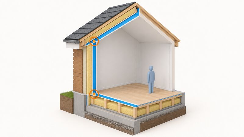 A cutaway cross-section of a house corner showing a continuous airtightness layer drawn as one unbroken line running from the pitched roof, down the wall and across the floor, with highlighted markers at each junction where the layer must connect.