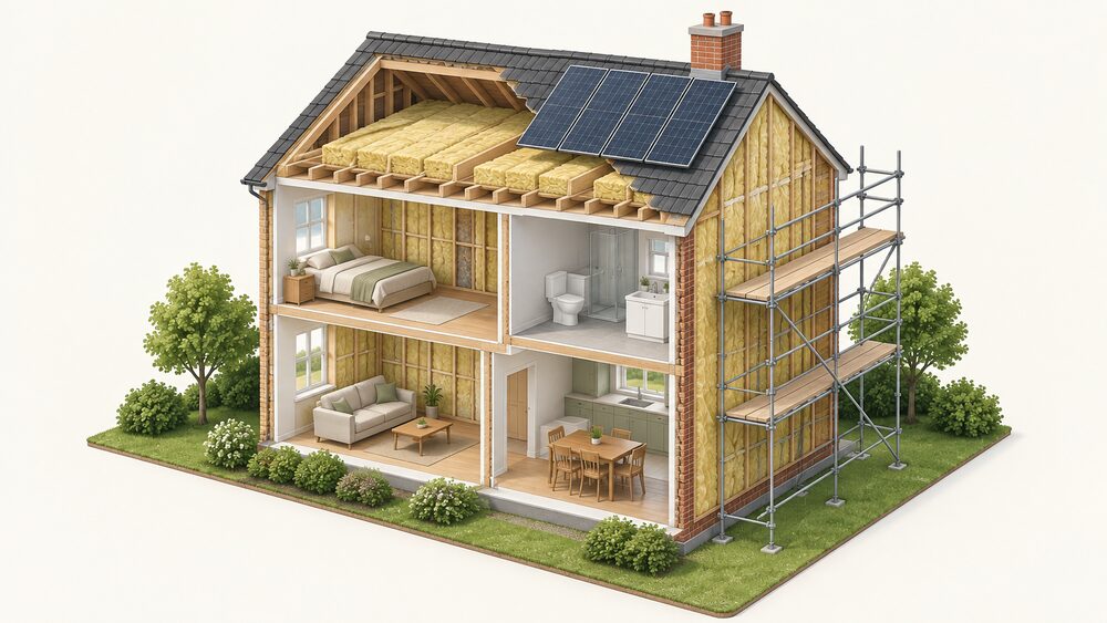 A house mid-renovation shown in cutaway, with scaffolding against one external wall whose inside face is stripped back to exposed studs with insulation fitted between them, a solar panel array on the roof, and the upper floor ceiling open showing insulation laid between and over the joists.